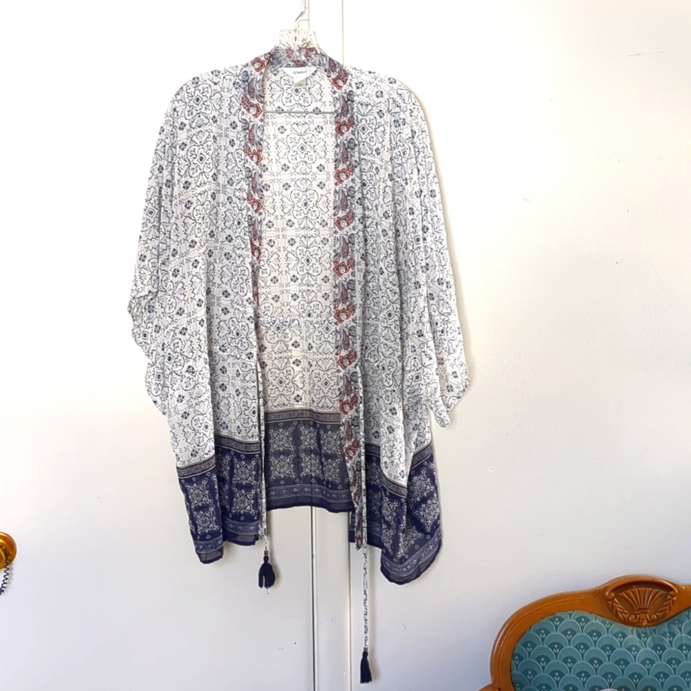 CJ BANKS Sz 1X Blue White Sheer Top Kimono Shawl 💠 open front cardigan Topper